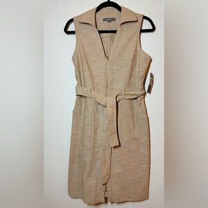 SHARANGO Tan Gold Zip Front Waist Tie Belted Cotton Sleeveless Shirt Dress 4